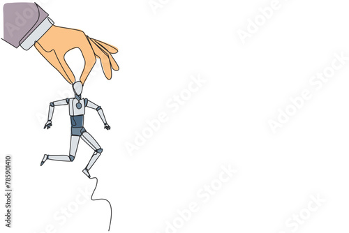 Single continuous line drawing big hand holding smart robotic. Workplace moving metaphor. Position transfer. Level up. Have bigger responsibilities. Successful. One line design vector illustration