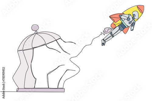 Single one line drawing robot flying with rocket and breaks the cage. Free from traps. Getting a booster to continue the business. Business soared. AI tech. Continuous line design graphic illustration