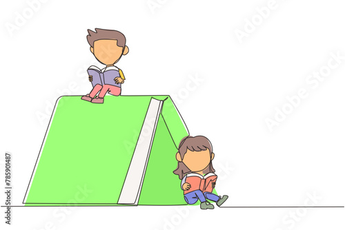 Continuous one line drawing a tent made of books. The kids reading the adventure fiction books in the wild. Addicted to reading. Book festival concept. Single line draw design vector illustration photo