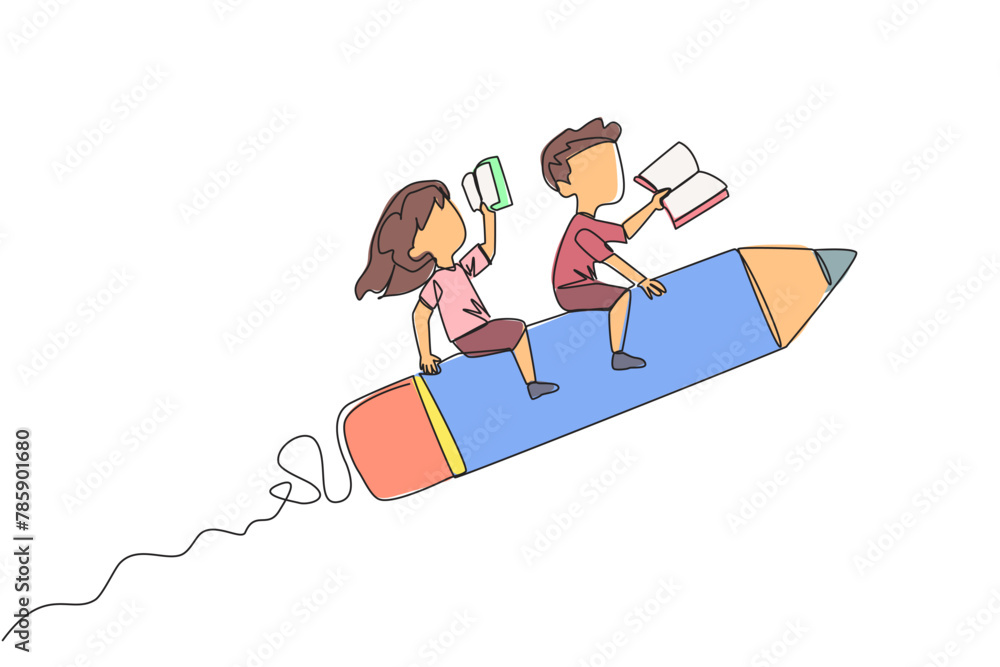 Obraz premium Single continuous line drawing the kids rides on a pencil-shaped rocket. Reading a book at a height. Read books anywhere. Very good habits. Book festival concept. One line design vector illustration