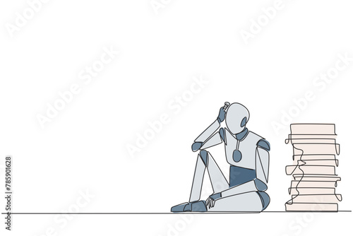 Single continuous line drawing robot sitting near piles of work files. Too much work is stressful. Putting off work makes work neglected. Tired. Unhappy. AI tech. One line design vector illustration