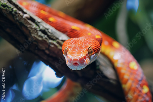Red corn snake on branch, closeup snake