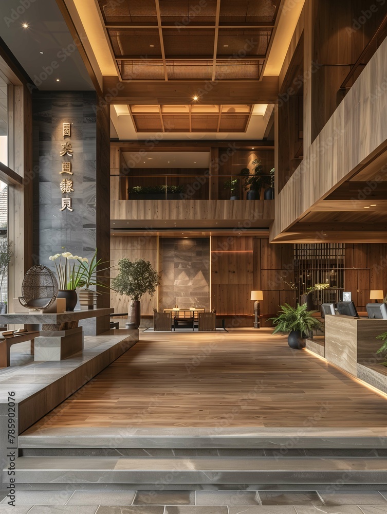 Modern Hotel Lobby Interior with Wooden Design Elements