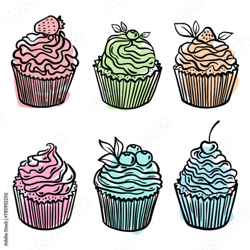 Vector collection of cupcakes  muffins  hand-drawn in the style of doodles.