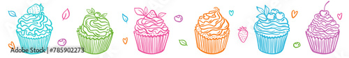 Vector, horizontal pattern from a collection of cupcakes, muffins, hand-drawn in the style of doodles.