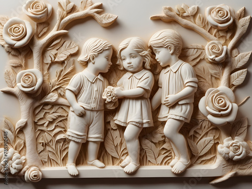 Amazing Illustration Art white carved relief art sculpture with cute kids mother with cat on branch and roses, ornate decorative wallpaper