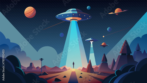 The vast starry expanse of space is illuminated by a bright beam of light as a group of alien ships descend towards Earth. They have come with a