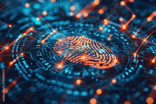 A blue and orange image of a fingerprint with a lot of lines and dots. The image is abstract and has a futuristic feel to it photo