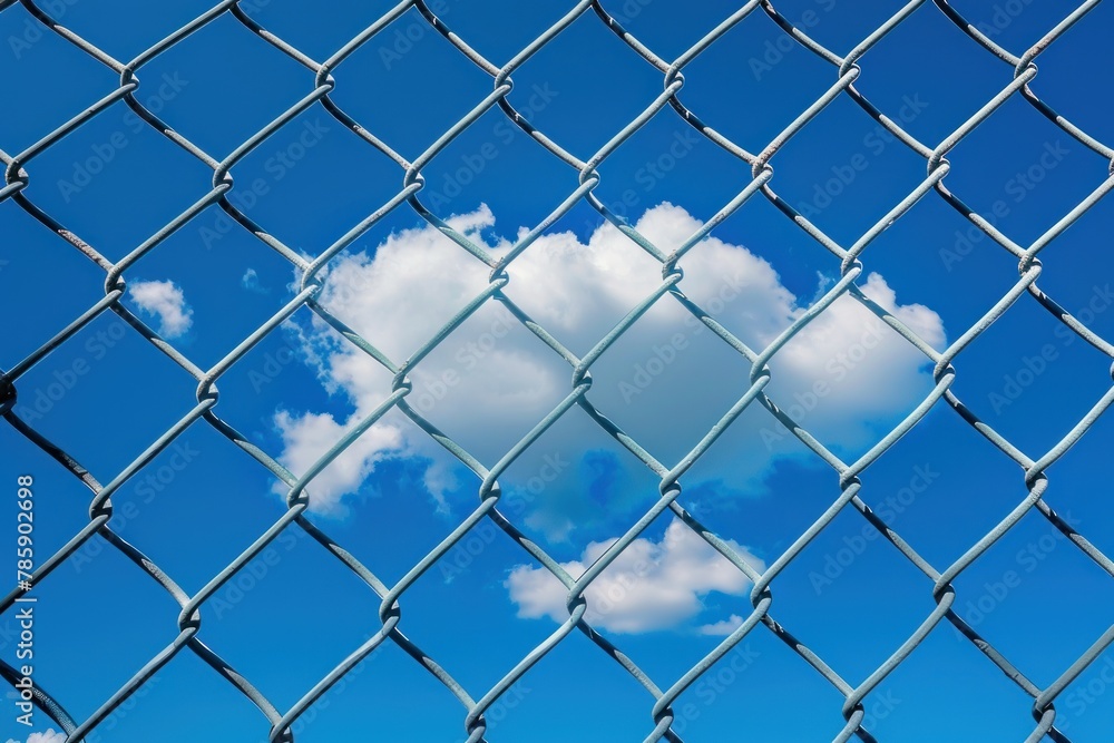 Fototapeta premium A cloud is seen through a chain link fence. The sky is blue and the cloud is white