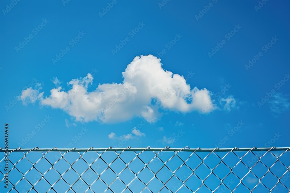 A cloudless blue sky with a large cloud in the middle. The sky is clear and bright, with no signs of rain or storm