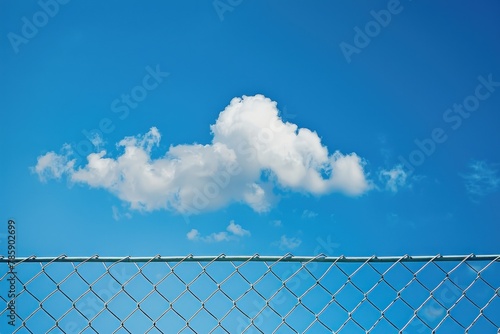 A cloudless blue sky with a large cloud in the middle. The sky is clear and bright, with no signs of rain or storm