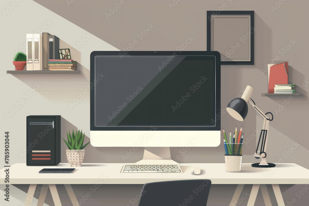 Naklejka premium A computer desk with a monitor, keyboard, mouse, and a potted plant. The desk is organized and clean, with a few books and a vase on the shelf. Scene is calm and focused