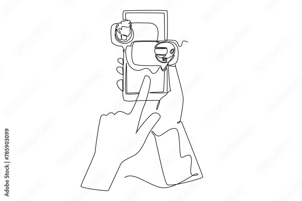 Continuous one line drawing Online communication with chat bot concept. Doodle vector illustration.