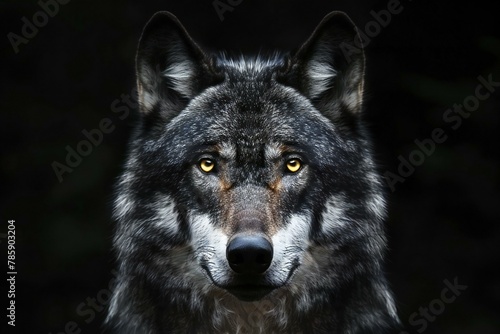 Portrait of a wolf on a dark background, Close-up