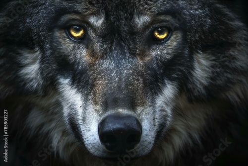 Portrait of a wolf with yellow eyes on a dark background photo
