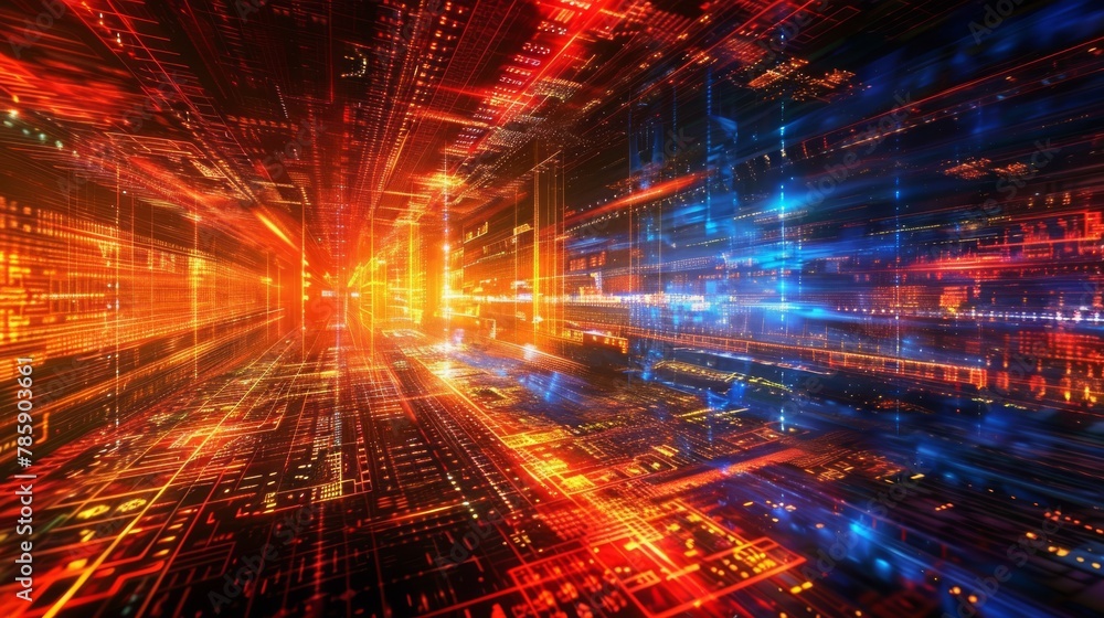 Fototapeta premium futuristic LED with red and blue lights creating a glowing skyline