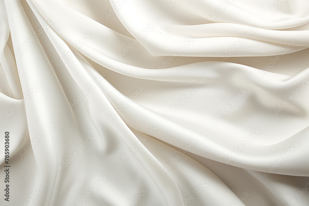 Closeup of rippled white satin fabric cloth texture background