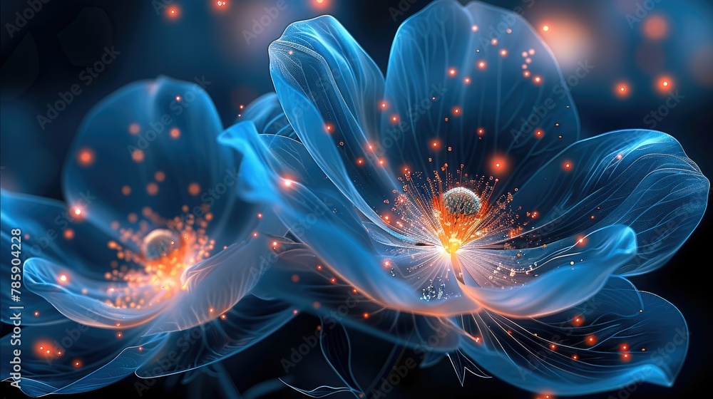 Beautiful blue flower vector, light petals, iridescent pearlescent colors, dark background. Generative AI. Beautiful blue flower vector, light petals, iridescent pearlescent colors, dark background. Generative AI.