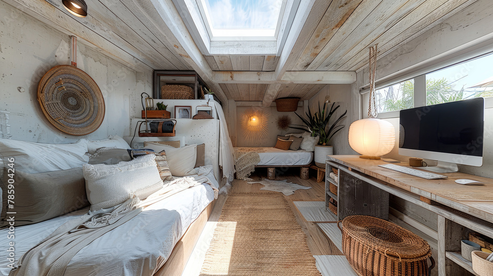 Garage converted into a living space with a single skylight, single bed ...