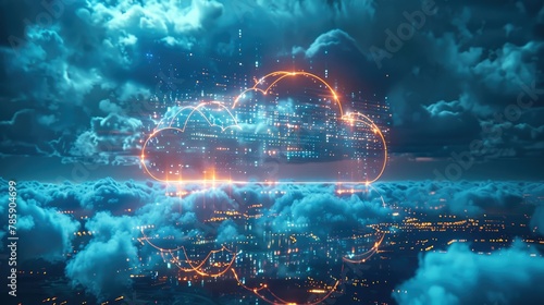 A colossal cloud server technology backdrop, actively processing AI data, with a newsroom vibe in dark tones and hints of blue. Generative AI.