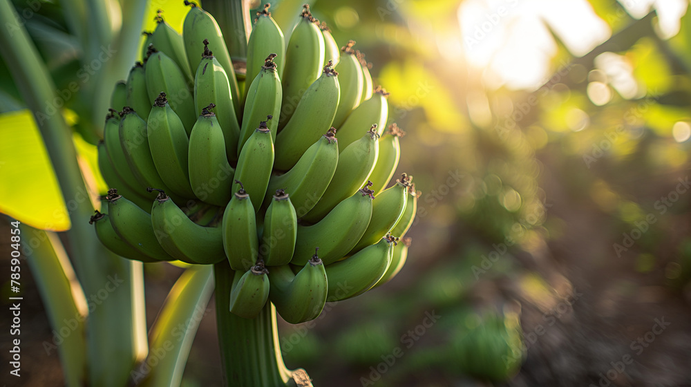 Naklejka premium Green bananas growing on trees. Green tropical banana fruits close-up on banana plantation. Tenerife banana plantations in Tenerife, Canary islands, Spain. Agriculture and banana production concept.