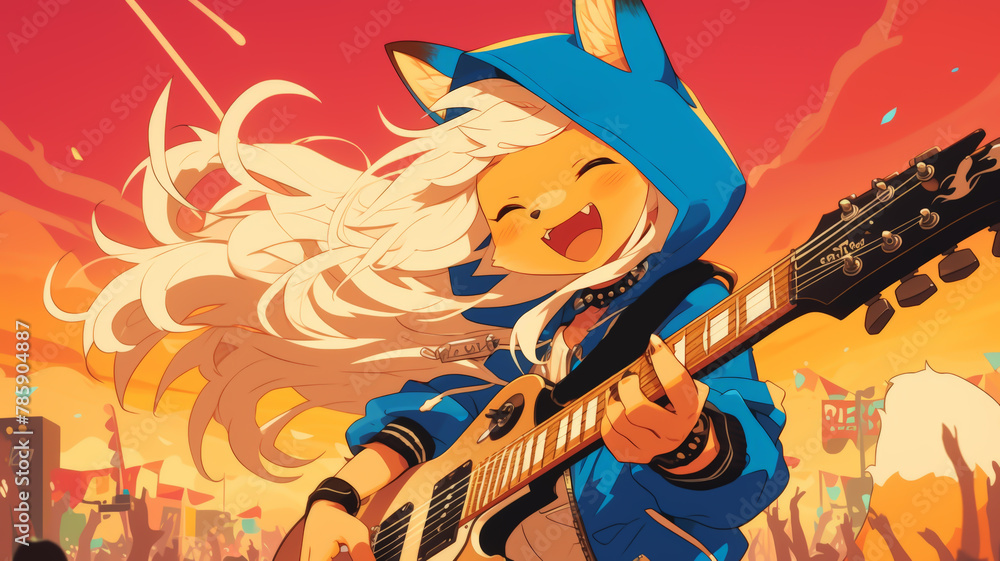 A cartoon fox girl playing the guitar on a big stage A cartoon fox girl playing the guitar on a big stage
