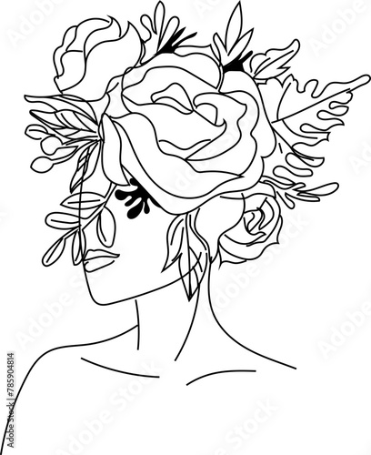 Hand drawn woman head with flower illustration on transparent background.
