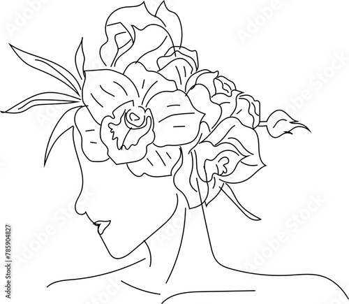Hand drawn woman head with flower illustration on transparent background.
