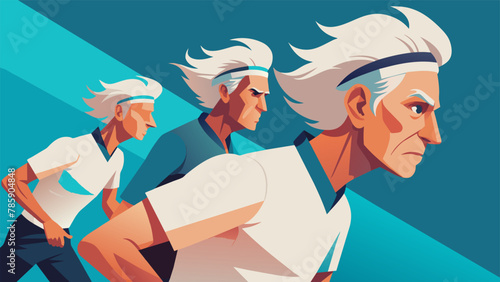 A group of silverhaired tennis players fiercely compete on the court their determined expressions betraying nothing of their true age as they