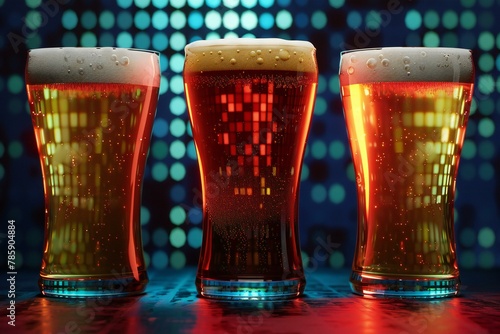 Glasses of beer on the bar counter with bokeh background