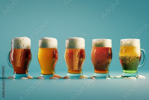 Beer glasses with foam on blue background,  Beer mugs with froth