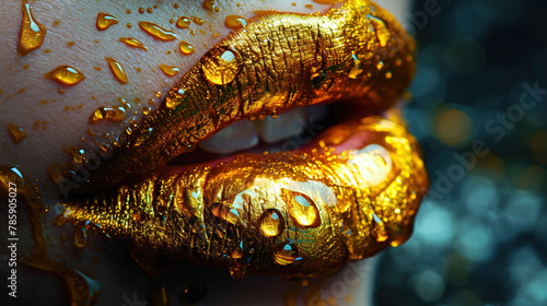 A Gorgeous Women Wet Lips With Gold Color with Gold Color Glistering Lipstick Blurry Background