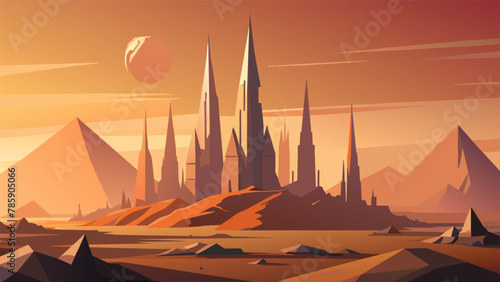 Beyond the horizon the jagged peaks of a crystal city rise from the desert landscape. Each spire is a magnificent feat of engineering drawing