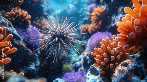 Beauty of a sea urchin with star shaped spines, nestled among mesmerizing coral formations under the sea. Generative AI.