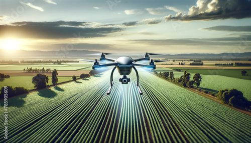 A drone is flying over a field of crops. The drone is equipped with a camera and is likely being used for agricultural purposes. Concept of technology and innovation in the field of farming