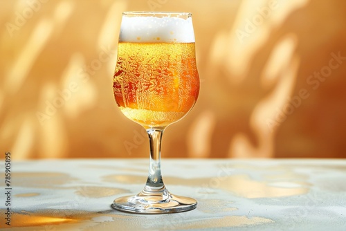 Glass of beer on a table in a restaurant on a sunny day