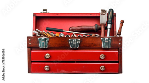 Photo of A red tool box with tools inside on white background