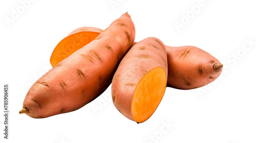  A photorealistic image of sweet potatoes on white background, with one sliced and the other whole