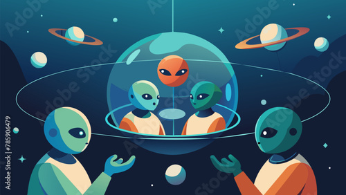 On a moonlike planet two alien species sit on a large rock overlooking a vast crater. One has a slender humanoid form while the other is a