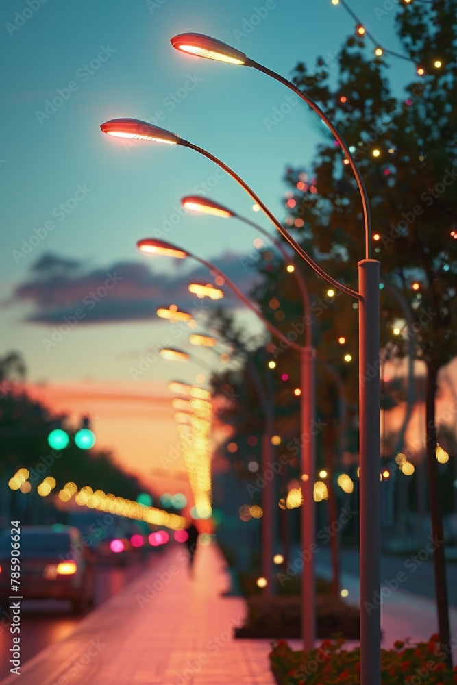 Naklejka premium LED streetlights powered by kinetic energy from pedestrians, in a smart city, futuristic style