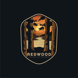 Emblem sticker patch logo illustration of Redwood National Park on dark background, forest vector badge