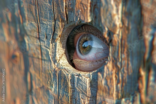 Curious eye peeking through a wooden hole, soft focus, natural light from the left, macro shot, detailed texture, 