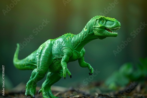 Close-up of green dinosaur model in the forest, selective focus photo