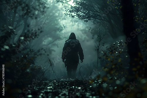 A Lone Survivor Navigating Through a Hauntingly Eerie Forest,Seeking Refuge from the Looming Horrors