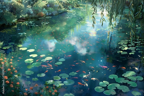 A tranquil pond teeming with lily pads and vibrant fish, its surface shimmering with the reflections of overhanging branches and fluffy clouds drifting lazily by photo