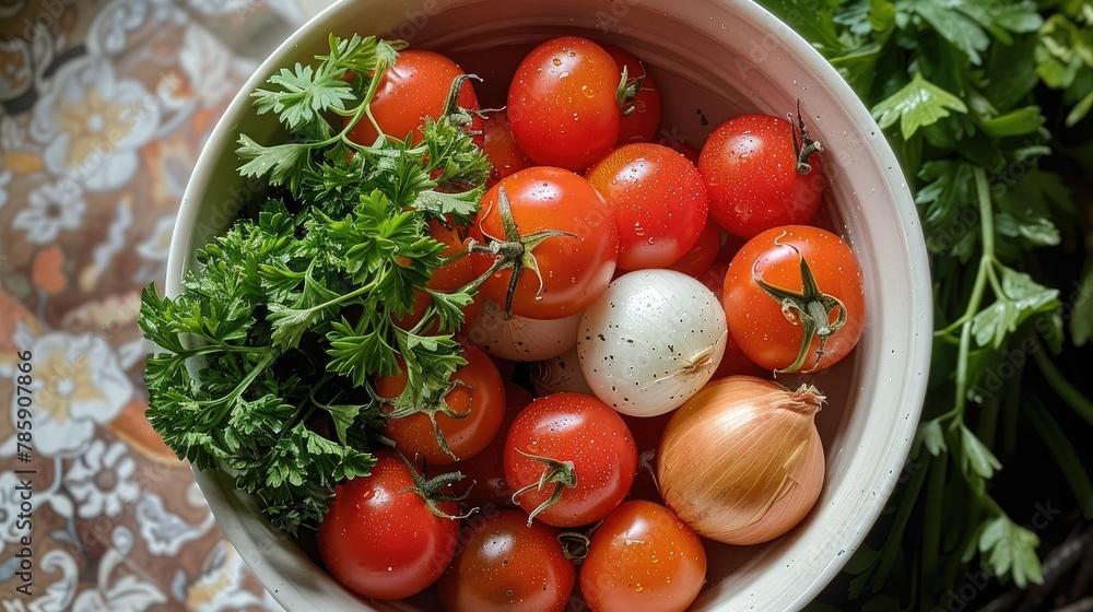 Bowl of fresh garden vegetables including tomatoes onions and parsley. top view. Generative AI. Bowl of fresh garden vegetables including tomatoes onions and parsley. top view. Generative AI.