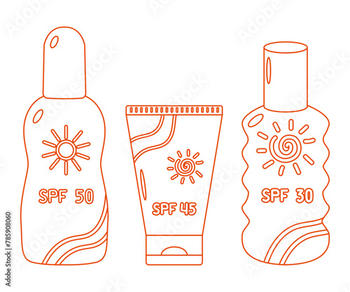 Sunscreen cosmetic set. Different SPF sunblock summer cosmetic: lotion, spray, cream. Anti UV protection, solar skincare products, healthy sunbathing concept.