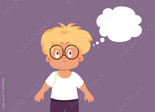 Unhappy Overweight Boy Thinking Vector Cartoon Illustration. Stressed child feeling pensive and overwhelmed 
