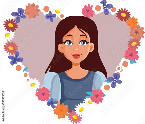 Portrait of a Happy Woman in a Floral Heart Vector Illustration. Cheerful girl feeling blissful and feminine 
