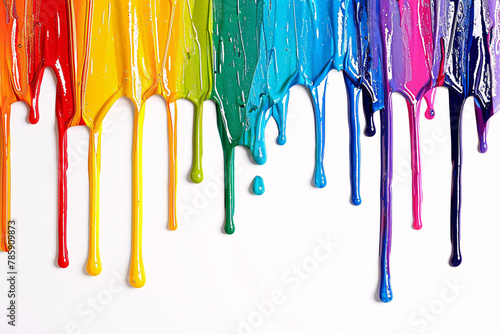 Thick colorful acrylic or oil paint colors dripping from white wall © Firn